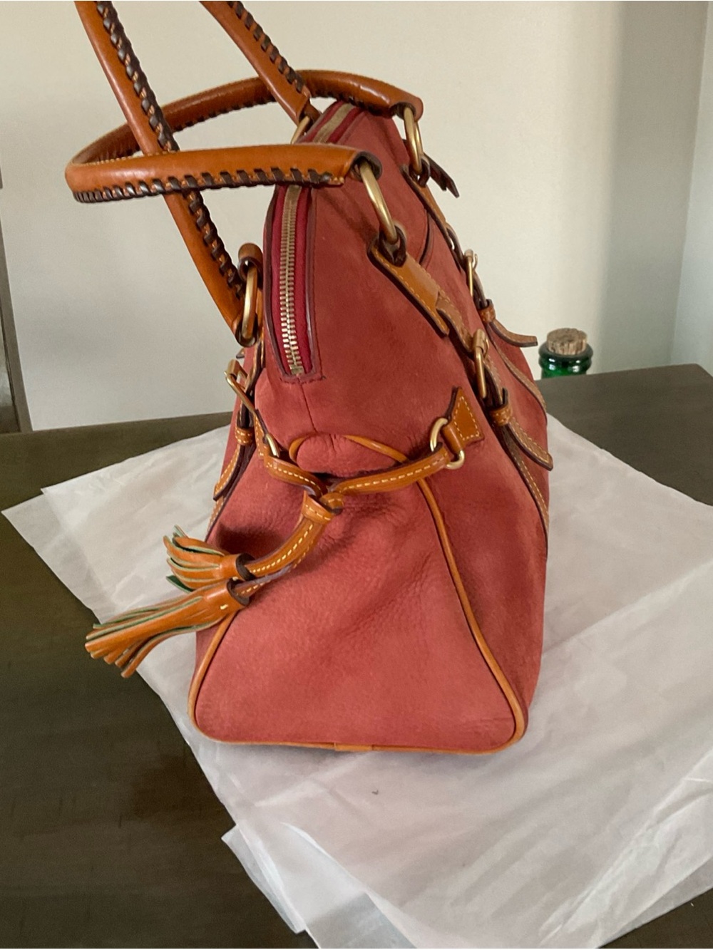 Dooney & Bourke Domed Nubuck Double Handle Satchel In Red-Brown Color - Picture 8 of 16